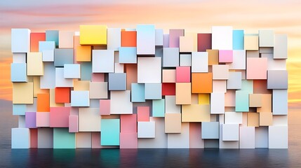 A vibrant arrangement of colorful blocks against a serene sunset background, perfect for creative and modern design projects.