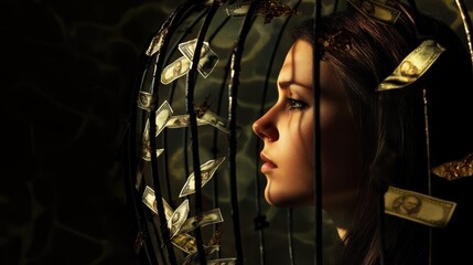 A woman is trapped in a cage with a lot of money