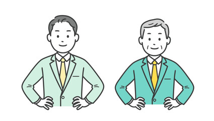腰に手を当てて自信を見せるビジネスマンの上半身イラスト