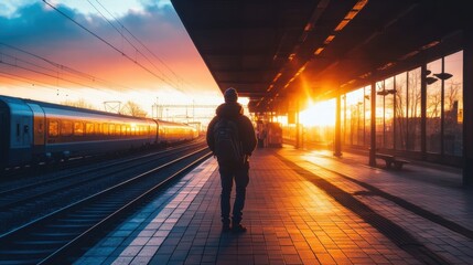 A man is walking on a train platform with a backpack