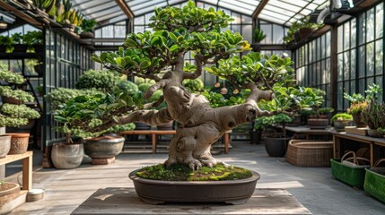 A large bonsai tree with twisted branches and green leaves sits in a greenhouse with other potted plants.