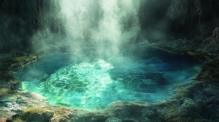 Mystical Pool of Water in a Cave with Fog and Sunlight