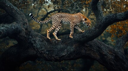 Cheetah walking on a tree in the savanna.