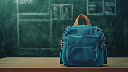 A teal school bag on the desk in front of a blackboard, green chalkboard background with copy space for text or design