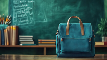 A teal school bag on the desk in front of a blackboard, green chalkboard background with copy space for text or design