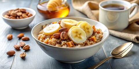 Wholesome morning breakfast bowl with quinoa, banana, walnuts, and maple syrup , healthy, nutritious, breakfast, bowl