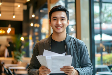 Adult asian man smiling and holding paper documents in cafe indoors   