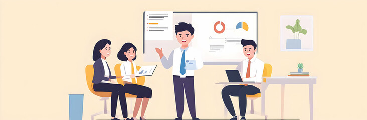 Fototapeta premium An Asian businessman is presenting his company performance report to his boss or group of male and female colleagues with confidence and professionalism web banner with copy space 