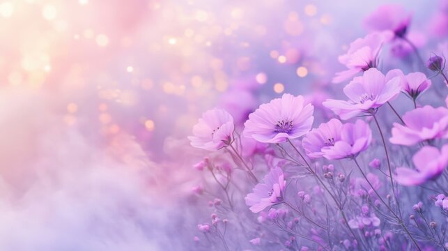 Delicate purple flowers bloom surrounded by enchanting smoke, creating an ethereal atmosphere in a peaceful garden