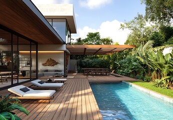 Obraz premium Summer View Of The Swimming Pool In A Modern Patio At Backyard