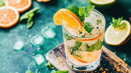Fototapeta premium A vibrant citrus drink with mint sprigs and orange slices is served on a wooden board, surrounded by fresh fruits and ice cubes