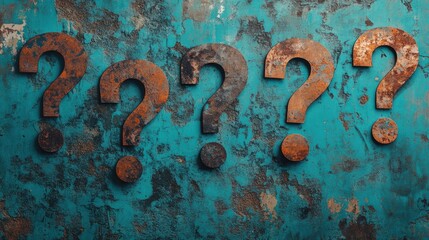 The combination of rusted question marks and a distressed turquoise background evokes feelings of curiosity and mystery, inviting exploration