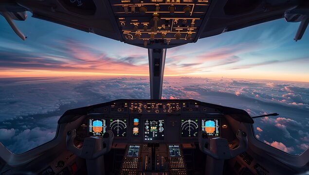 Cockpit: View Of An Airplane At Sunset With Flight Instruments And Scattered Clouds.