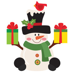 Cute sitting Christmas snowman vector cartoon illustration