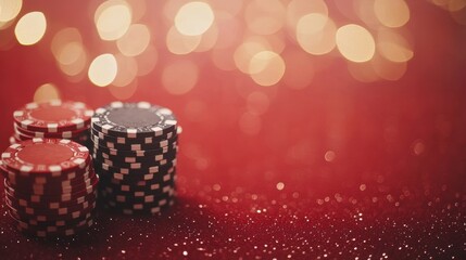 Red casino table adorned with neatly stacked chips, setting the stage for an exciting gaming experience in a lively environment