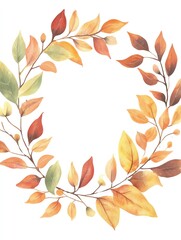 Autumn wreath card, botanical element, watercolor style, orange and yellow hues, isolated on white background