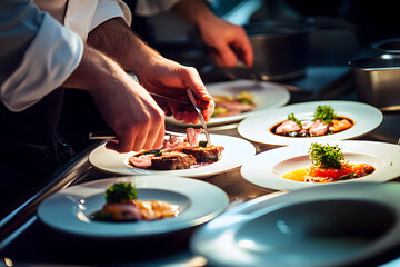 Chef garnishing exquisite plate of food   