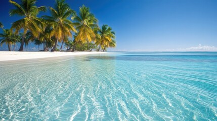 Fototapeta premium Gentle waves lap against a white sandy shore lined with swaying palm trees under a clear blue sky