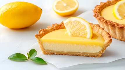 Delicious lemon tart with a creamy filling and fresh lemon slices, perfect for dessert lovers and baking enthusiasts.