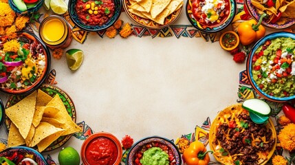 Festive Mexican Cuisine Fiesta with Quesadillas, Nachos, and Guacamole Amid Marigold Flowers and Papel Picado Decor