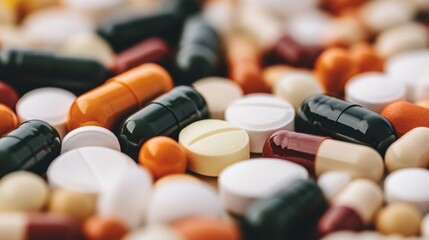 Various pharmaceuticals in different shapes and colors are scattered across a surface, representing a range of medications and supplements
