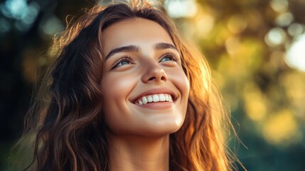Fototapeta premium Smiling woman with curly hair and sunshine background
