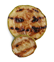 Two tasty grilled zucchini slices isolated on white, top view
