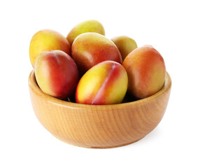 Fresh ripe plums in bowl isolated on white