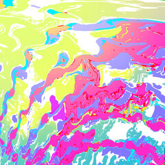 A vibrant artwork features wavy. a mix of abstract forms in colorful .