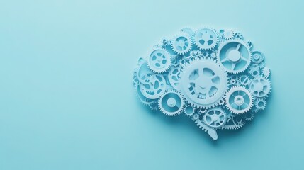 Creative Mind Mechanics, gears intricately arranged within a brain silhouette, illustrating the organized framework of imaginative thought against a serene light blue backdrop