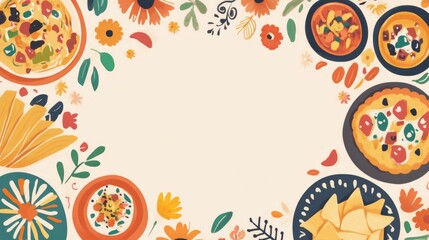 Vibrant Mexican Cuisine Scene with Marigold Border and Festive Patterns on Beige Background