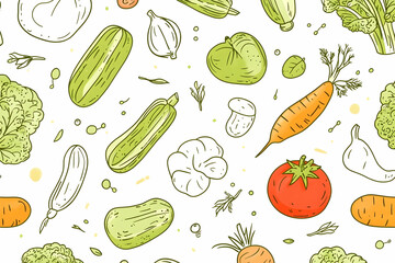 Food background, vegetables seamless pattern. Healthy eating - tomato, garlic, carrot, pepper, broccoli, cucumber line icons. Vegetarian, farm grocery store vector illustration, green white color   