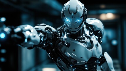 Fototapeta premium Futuristic Robot Posing in a Dark Setting