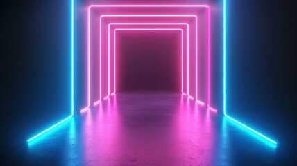 A neon lighted tunnel with pink and blue lights
