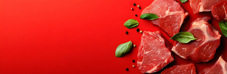 Fresh meat slices on red background, wide horizontal panoramic banner with copy space, or web site header with empty area for text.   