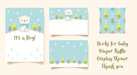 Set of winter Baby Shower invitation, insert card designs, and coordinated seamless pattern featuring adorable baby polar bear and trees.