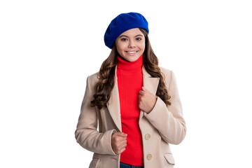Style fashionable girl. Teen girl wearing fall coat isolated white. Girl in stylish autumn coat. Couture fashion. Fall fashion style. Teen trend for autumn season. Best fashion trend for this autumn