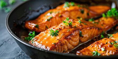 Salmon fillet in a thick glaze in a skillet