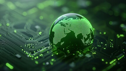 A green globe is on a circuit board