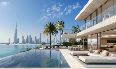 Fototapeta premium Modern Villa with Pool Overlooking the Dubai Skyline