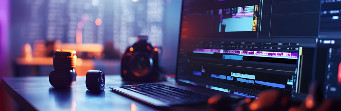 Logos of the video editing software on a heap on a table. Web banner format with copy space.   