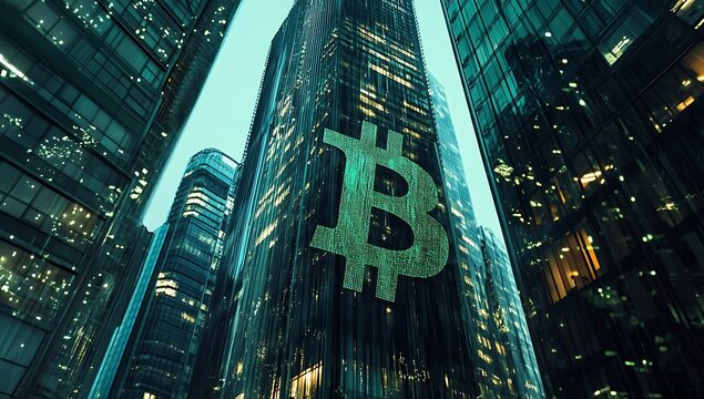 Bitcoin Entering Mass Adoption From Hedge Funds, Family Offices, Pension Funds, Vc Capital, Financial Institutions And Banks With A Backdrop Of Corporate Skyscrapers And Office Blocks.