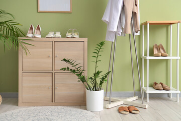 Coat rack, shoes stand, houseplant and chest of drawers near green wall in hallway