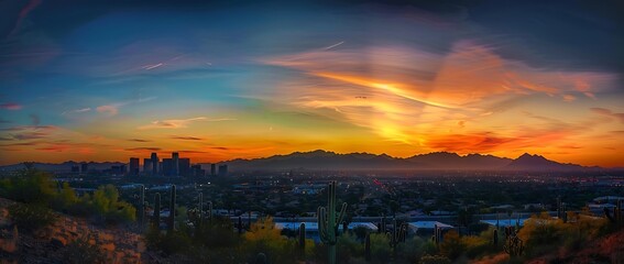 Obraz premium Panoramic Sunset City Skyline with Cacti Silhouettes and Mountain Range