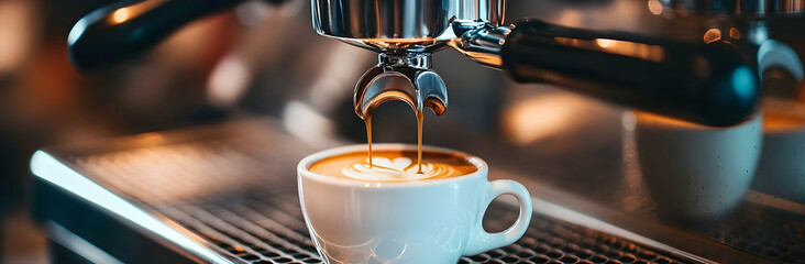 Pouring coffee into cup from cappuccino machine   