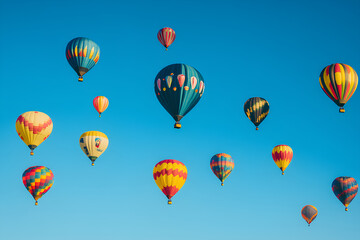 Fototapeta premium A vibrant display of colorful hot air balloons floating in a clear blue sky.