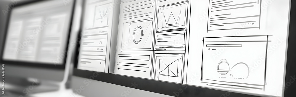 Wall mural responsive web design website wireframe sketch layout on computer screen