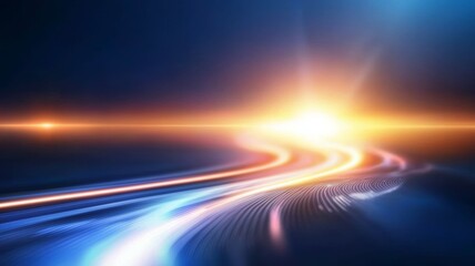 A bright sun is shining on a blue sky with a long, curving road