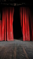 Red theater curtains on stage, dramatic ambiance. Performing arts and entertainment concept