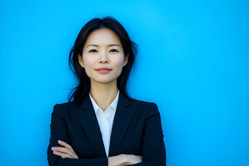 portrait business woman asian on blue background   